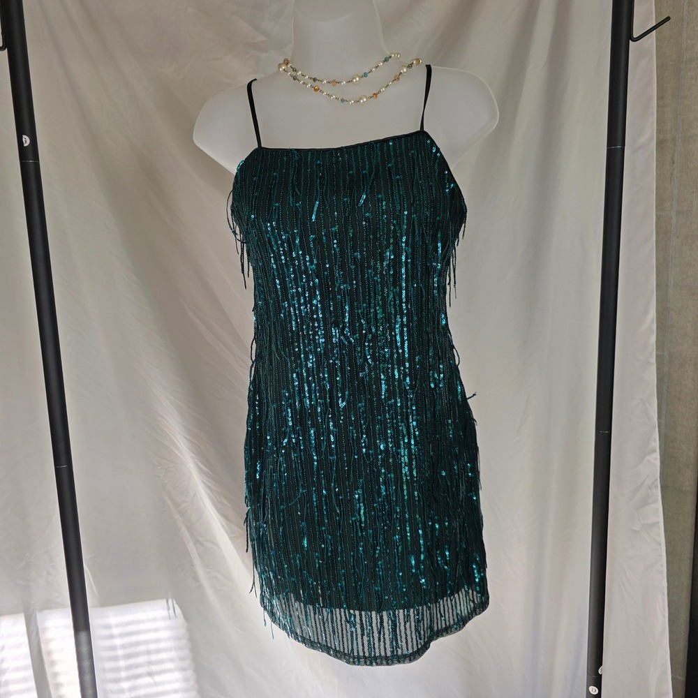 Trixxi Teal Sequin Fringe Mini Dress Square Neck Party Cocktail Green Medium
